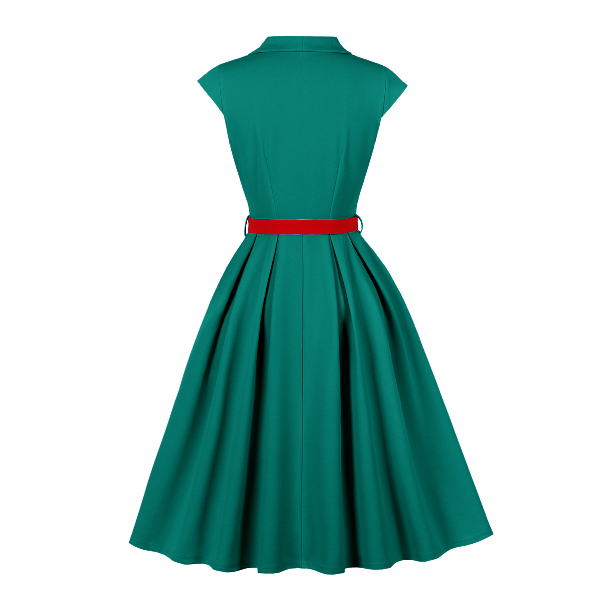 Vintage style, Teal green color, Red waist belt, A-line skirt, Four front buttons, Sleeveless design, Lightweight fabric, 1960s fashion, Casual retro dress, Flowy silhouette #N23820