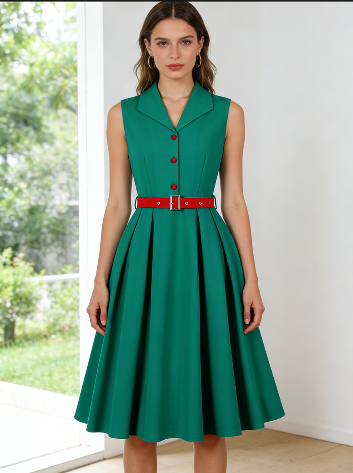 Vintage Teal Green A-Line Dress with Red Belt and Front Buttons - 1960s Style Shift Dress for Women N23820