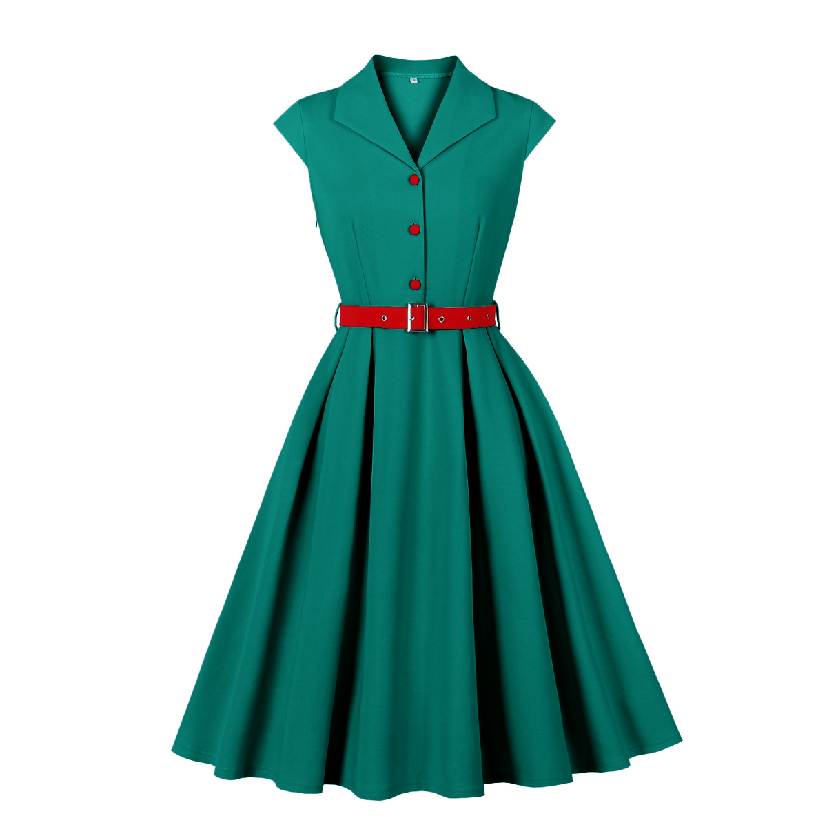 Vintage style, Teal green color, Red waist belt, A-line skirt, Four front buttons, Sleeveless design, Lightweight fabric, 1960s fashion, Casual retro dress, Flowy silhouette #N23820