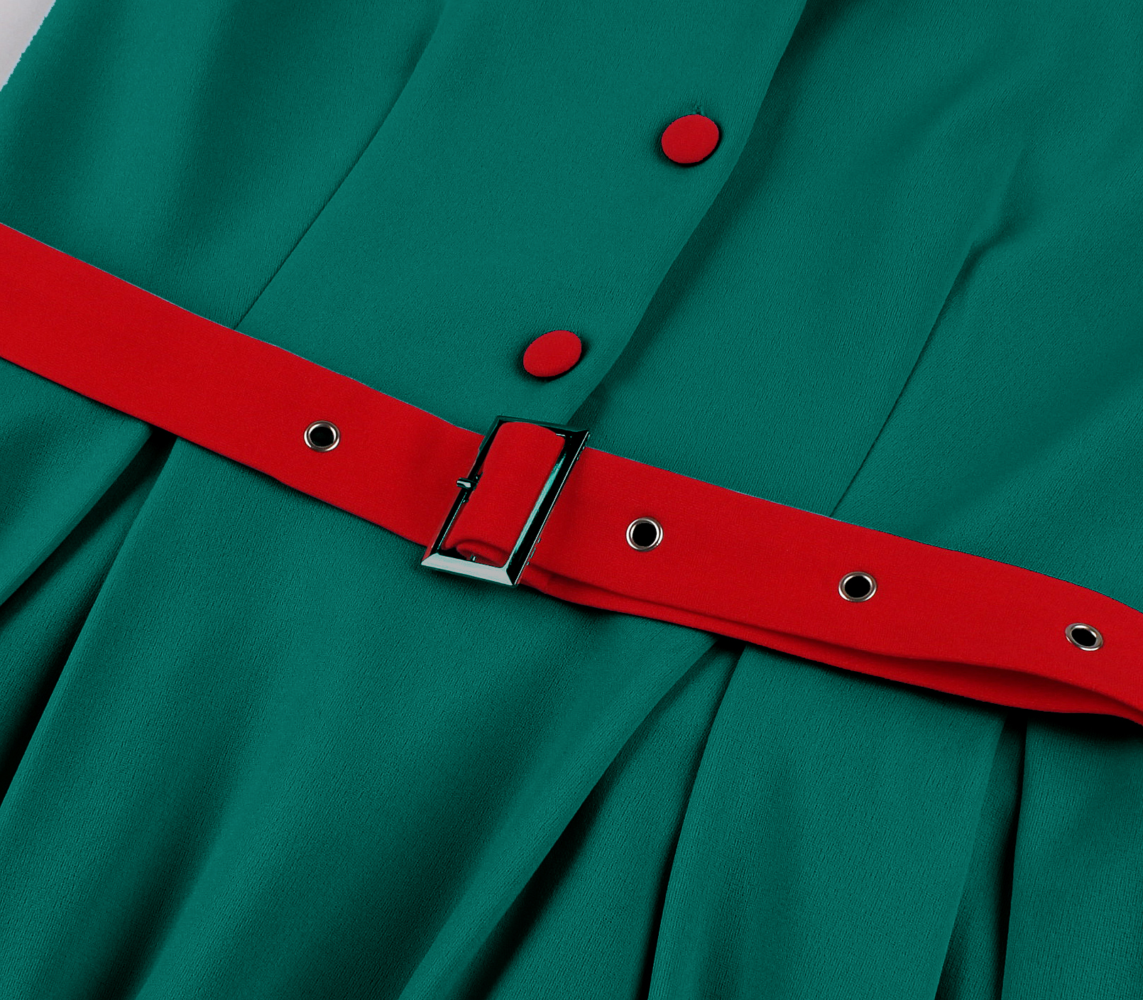 Vintage style, Teal green color, Red waist belt, A-line skirt, Four front buttons, Sleeveless design, Lightweight fabric, 1960s fashion, Casual retro dress, Flowy silhouette #N23820