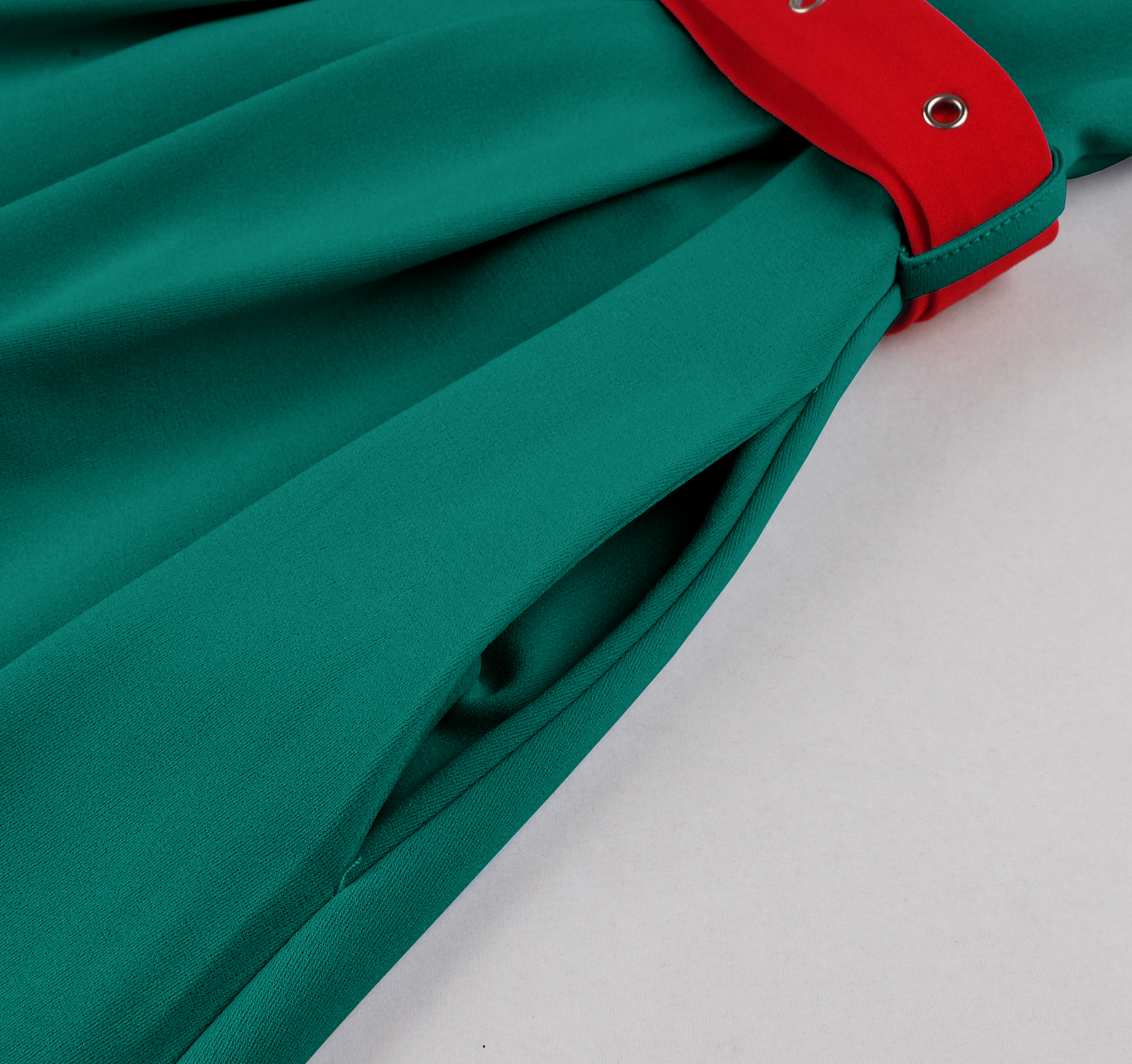 Vintage style, Teal green color, Red waist belt, A-line skirt, Four front buttons, Sleeveless design, Lightweight fabric, 1960s fashion, Casual retro dress, Flowy silhouette #N23820