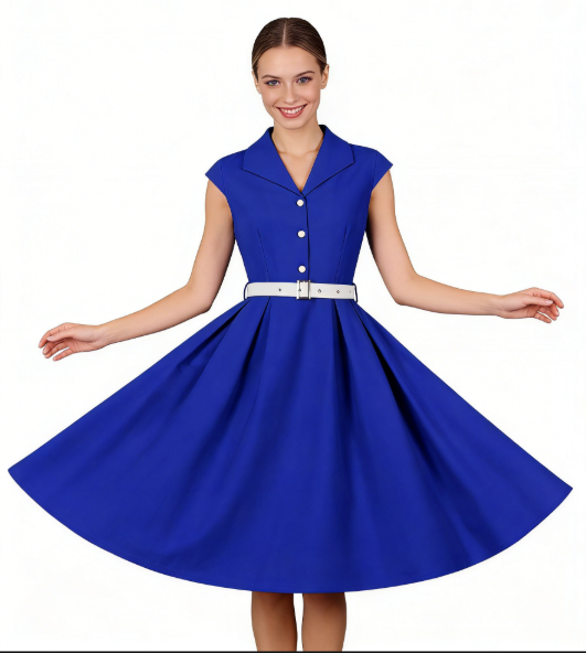Vintage Royal Blue A-Line Dress with White Belt and Front Buttons - Classic Sleeveless Shift Dress N23821