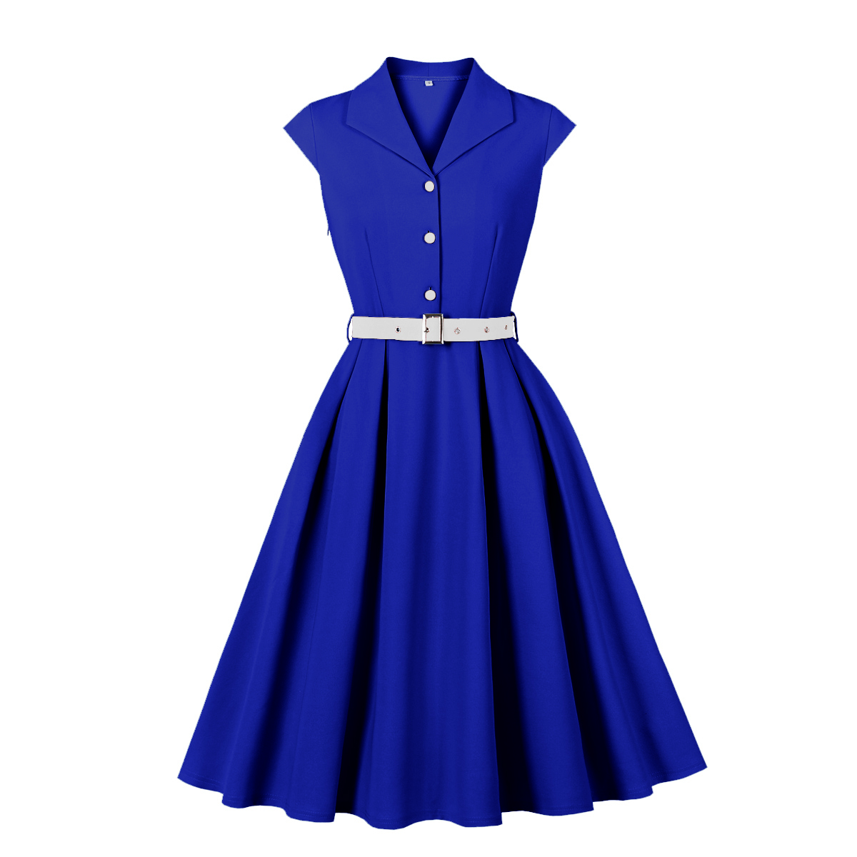 Vintage style, Royal blue color, White contrast belt, Five front buttons, A-line skirt, Sleeveless design, Lightweight fabric, Shift dress silhouette, Classic retro fashion, Easy to wear #N23821