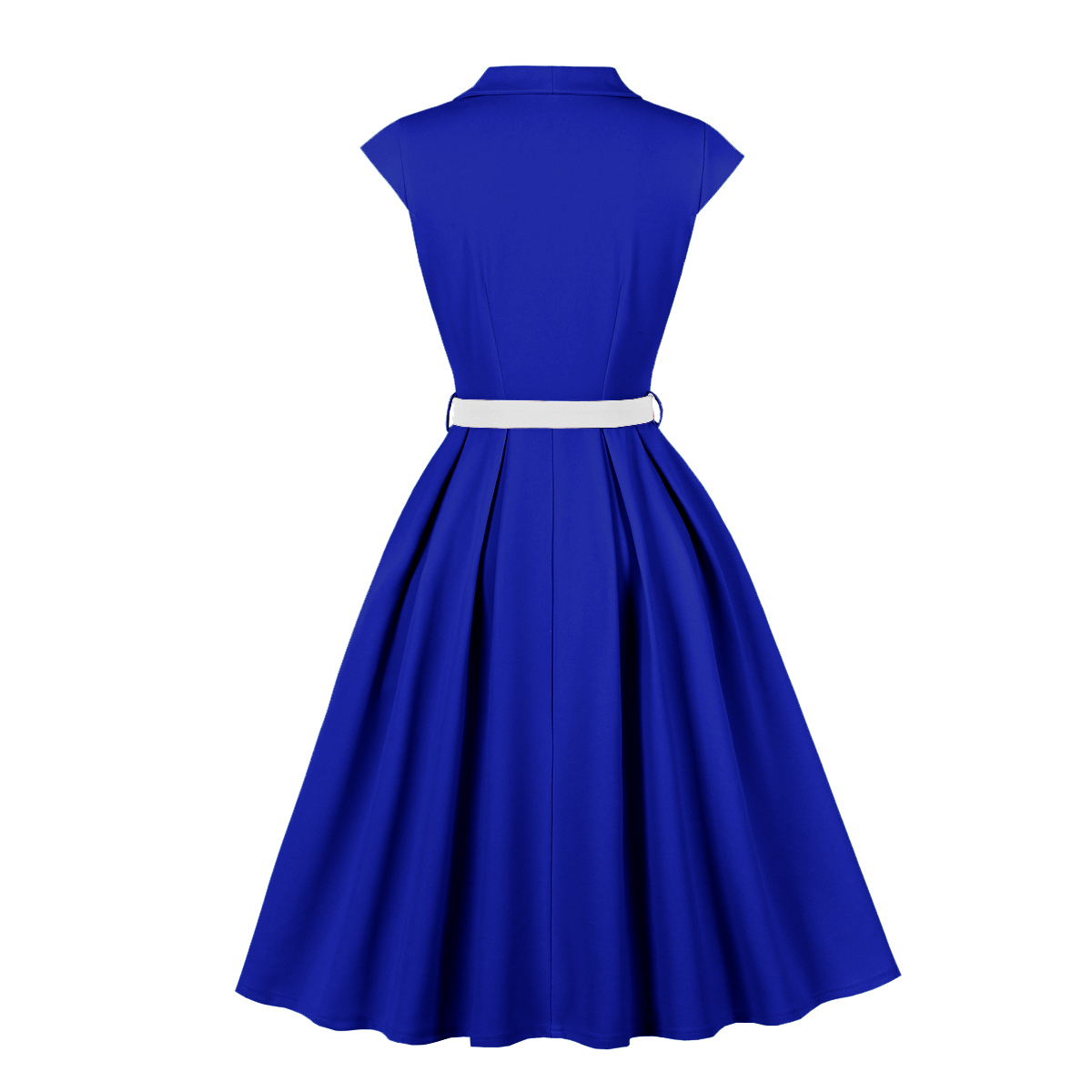 Vintage style, Royal blue color, White contrast belt, Five front buttons, A-line skirt, Sleeveless design, Lightweight fabric, Shift dress silhouette, Classic retro fashion, Easy to wear #N23821