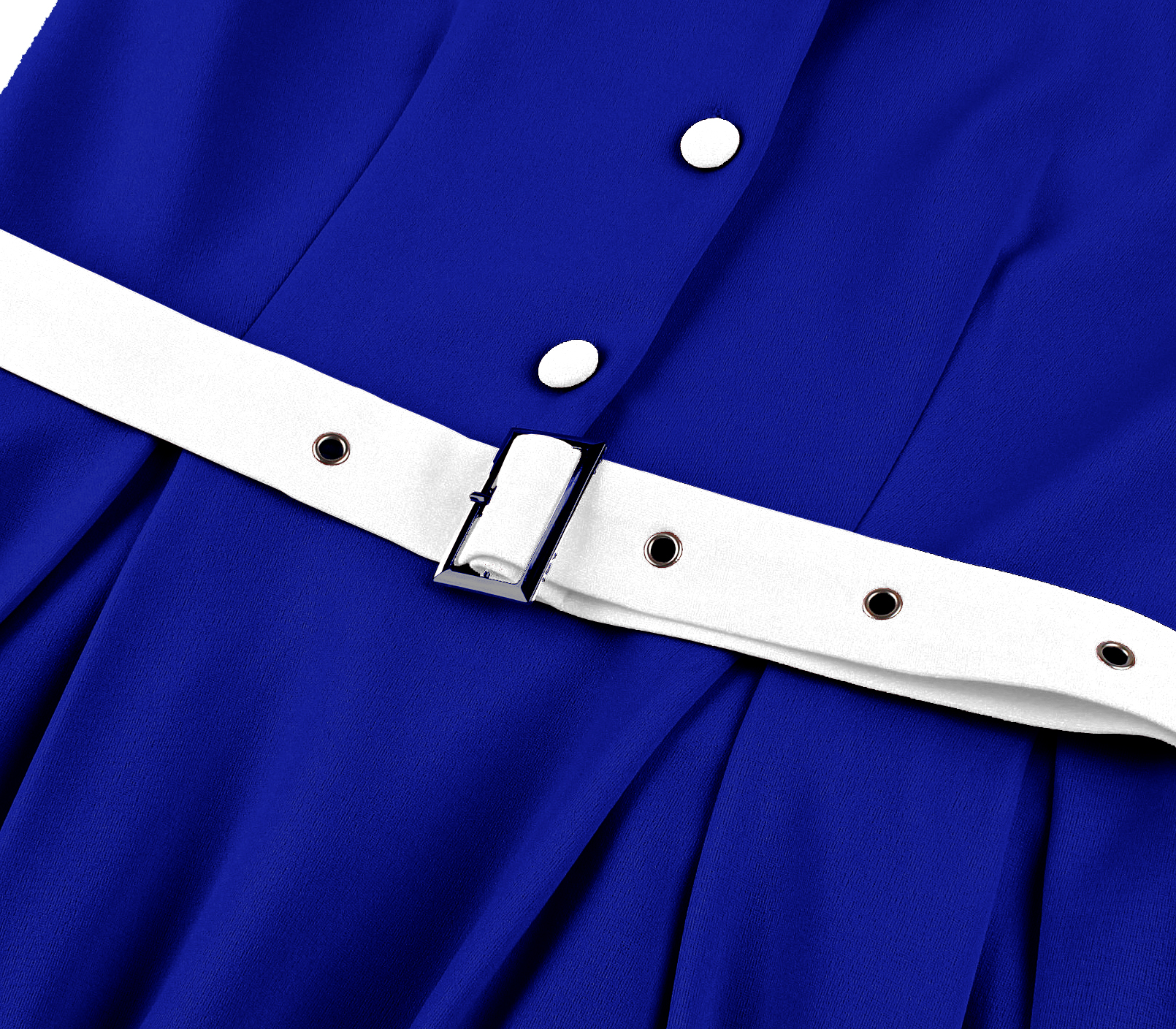 Vintage style, Royal blue color, White contrast belt, Five front buttons, A-line skirt, Sleeveless design, Lightweight fabric, Shift dress silhouette, Classic retro fashion, Easy to wear #N23821