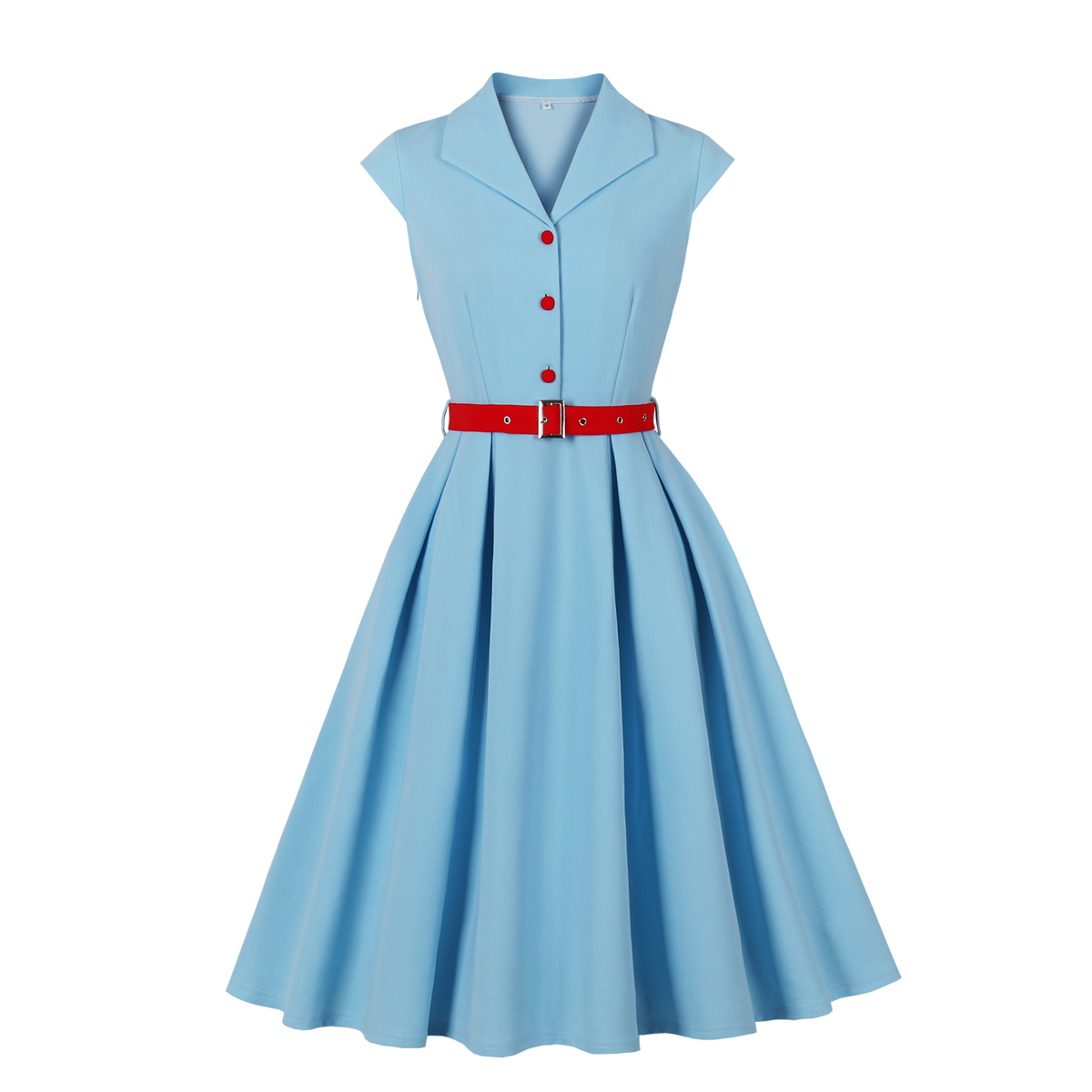 Vintage Royal Blue A-Line Dress with White Belt and Front Buttons - Classic Sleeveless Shift Dress N23823