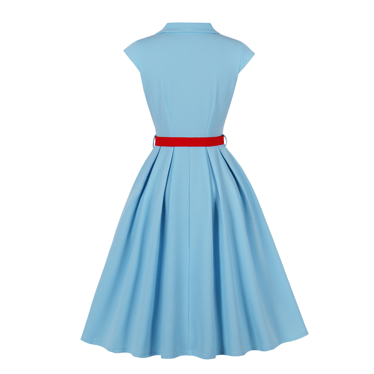 Vintage style, Royal blue color, White contrast belt, Five front buttons, A-line skirt, Sleeveless design, Lightweight fabric, Shift dress silhouette, Classic retro fashion, Easy to wear #N23823