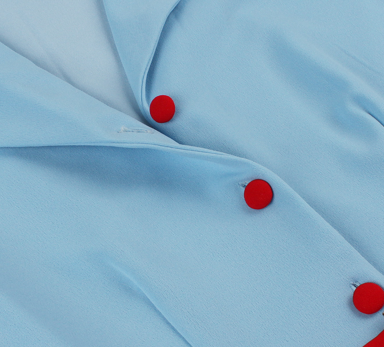 Vintage style, Royal blue color, White contrast belt, Five front buttons, A-line skirt, Sleeveless design, Lightweight fabric, Shift dress silhouette, Classic retro fashion, Easy to wear #N23823