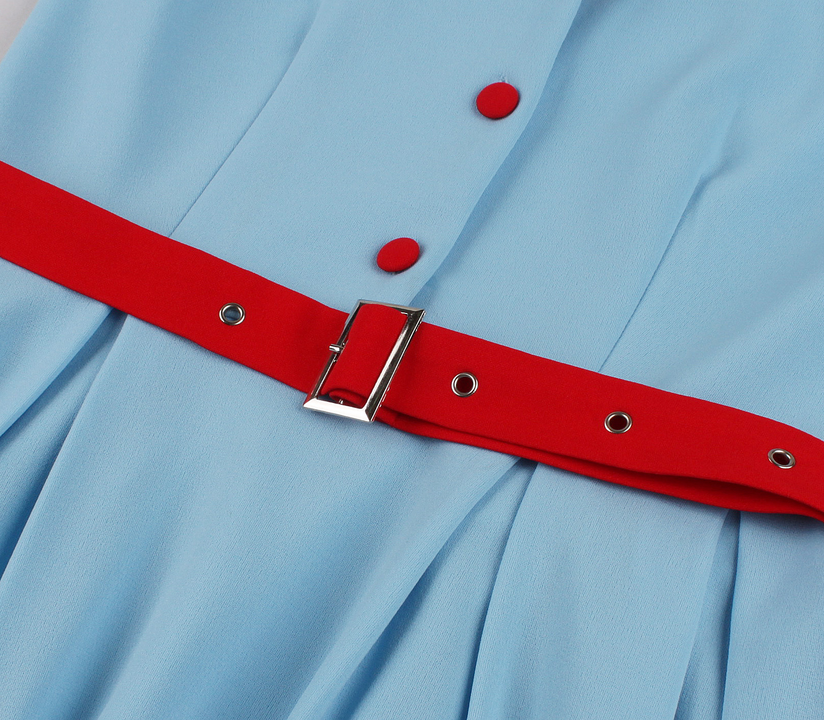 Vintage style, Royal blue color, White contrast belt, Five front buttons, A-line skirt, Sleeveless design, Lightweight fabric, Shift dress silhouette, Classic retro fashion, Easy to wear #N23823