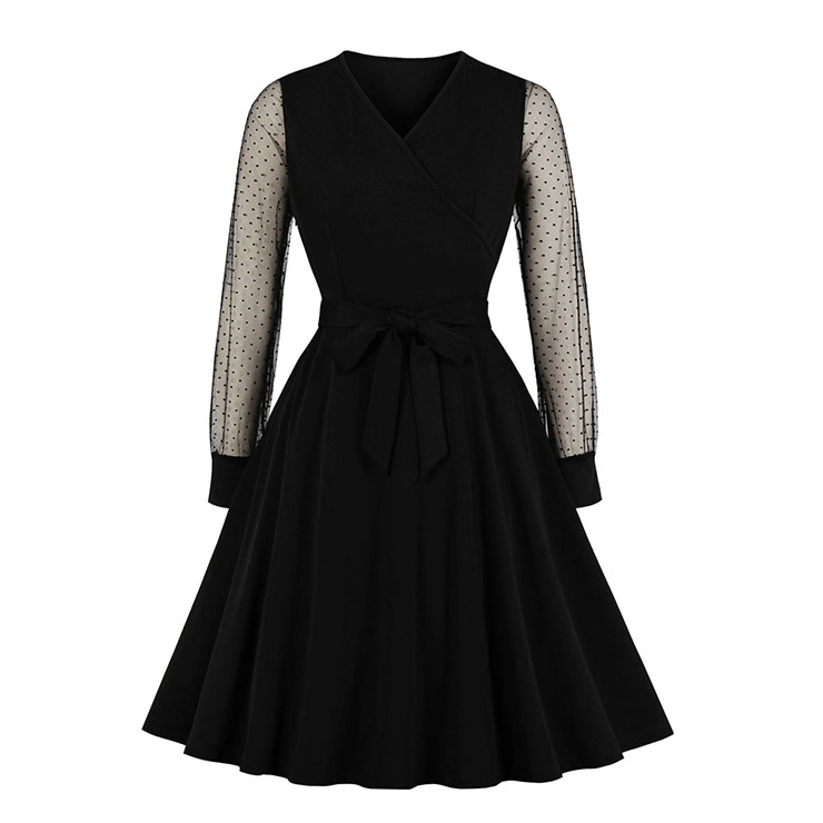 Sexy Black V Neck Sheer Mesh Long Sleeve Belted Party Midi Dress N19589