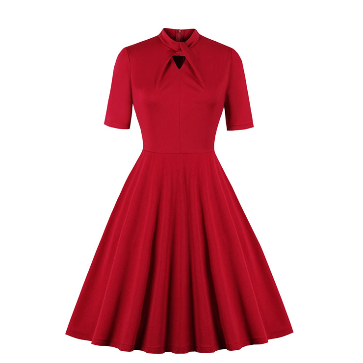 Vintage Women Solid Color Tie Collar Short Sleeve High Waist A-line Midi Dress N19594