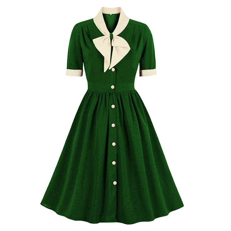 Vintage Tie Collar Front Button Short Sleeve High Waist Cocktail Party Midi Dress N21602
