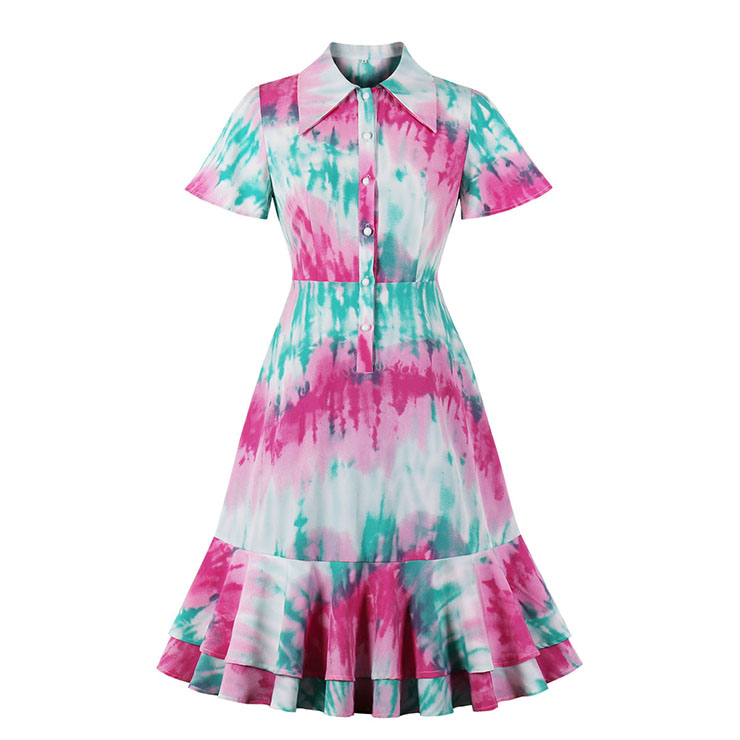 Sexy Contrast Color Tie-dye Print Lapel Short Sleeve High Waist Ruffle Midi Dress N20954