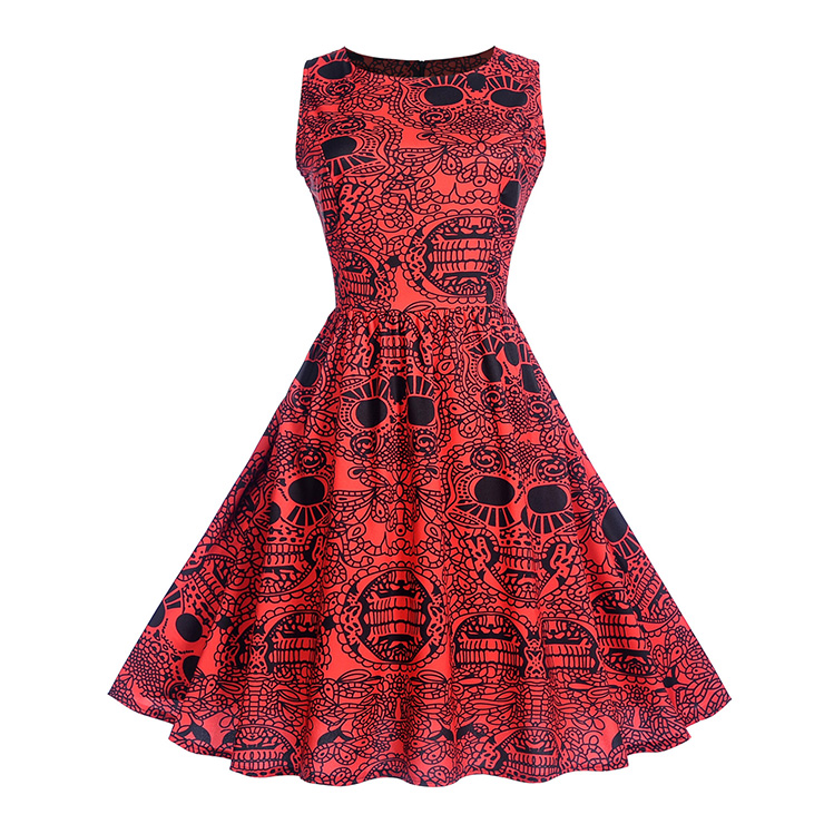 Vintage Red Sleeveless Classical Totem Print High Waist Midi Dress N18279