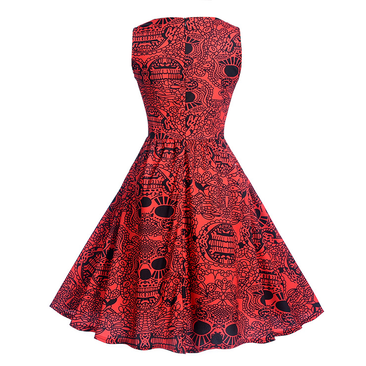Vintage Dresses for Women, Cocktail Party Dress, Halloween Totem Print Party Dress, Vintage Sleeveless Swing Dresses, A-line Cocktail Party Swing Dresses, Fahion Floral Print Vintage Dress, Round Neck Vintage Day Dress, #N18279