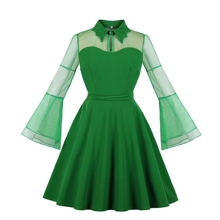 Sexy Vintage See-through Mesh Splicing Flare Sleeve Vampire High Waist Midi Dress N18812