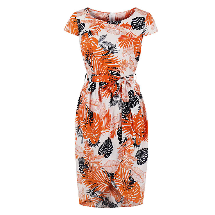 Vintage Living-coral Tropical Leaf Print Round Neck High Waist Midi Tube Dress N18695