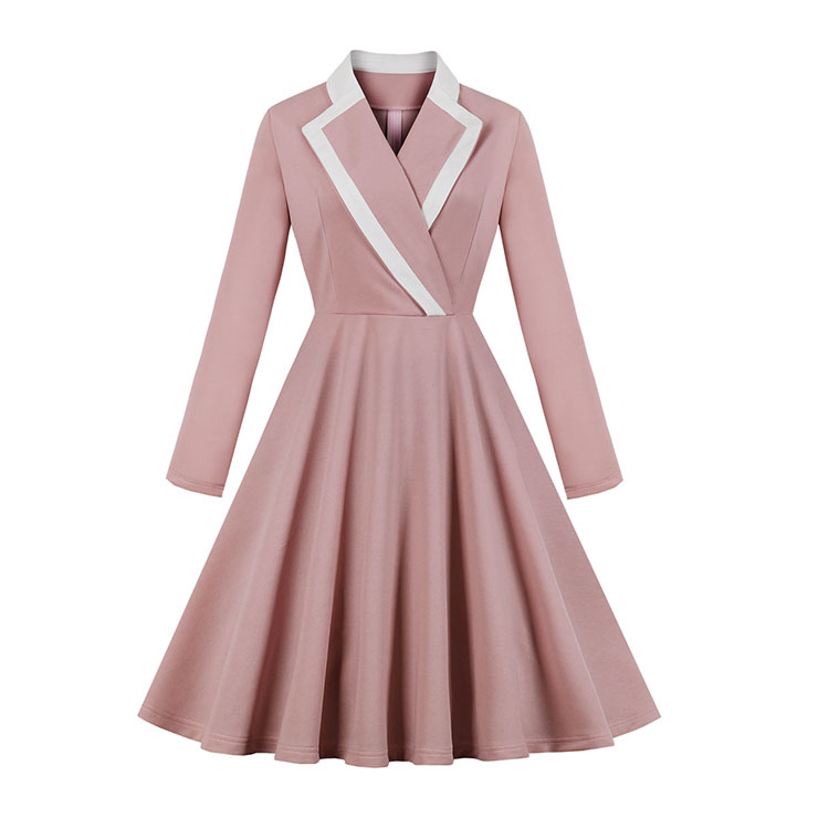 Elegant Pink Turndown Collar Long Sleeve High Waist Midi Dress N19520