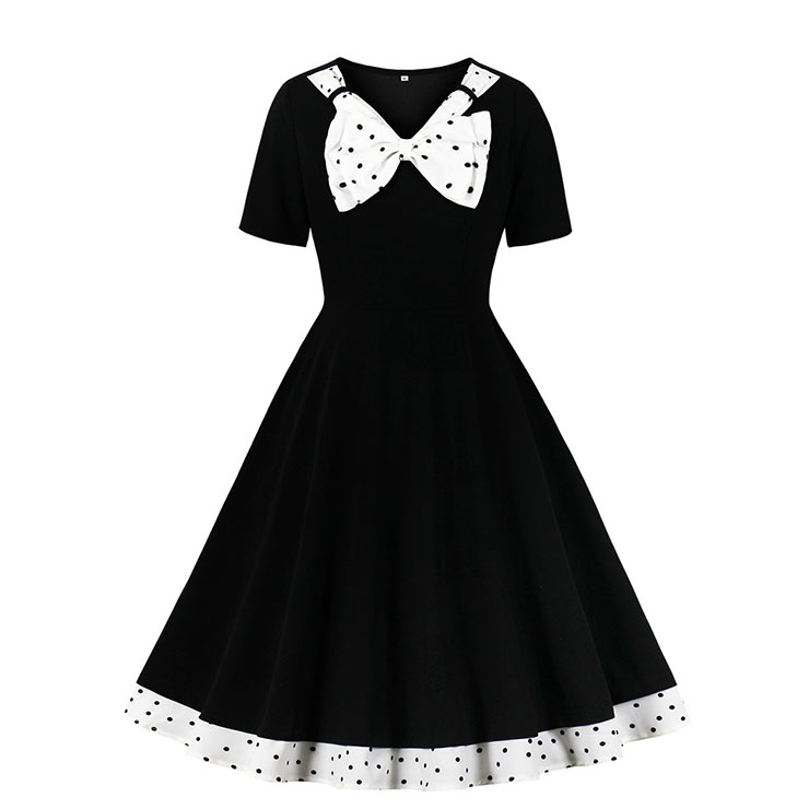 Vintage Black V Neck Bowknot Short Sleeve Cocktail Bridesmaid Stitching Dress N20956