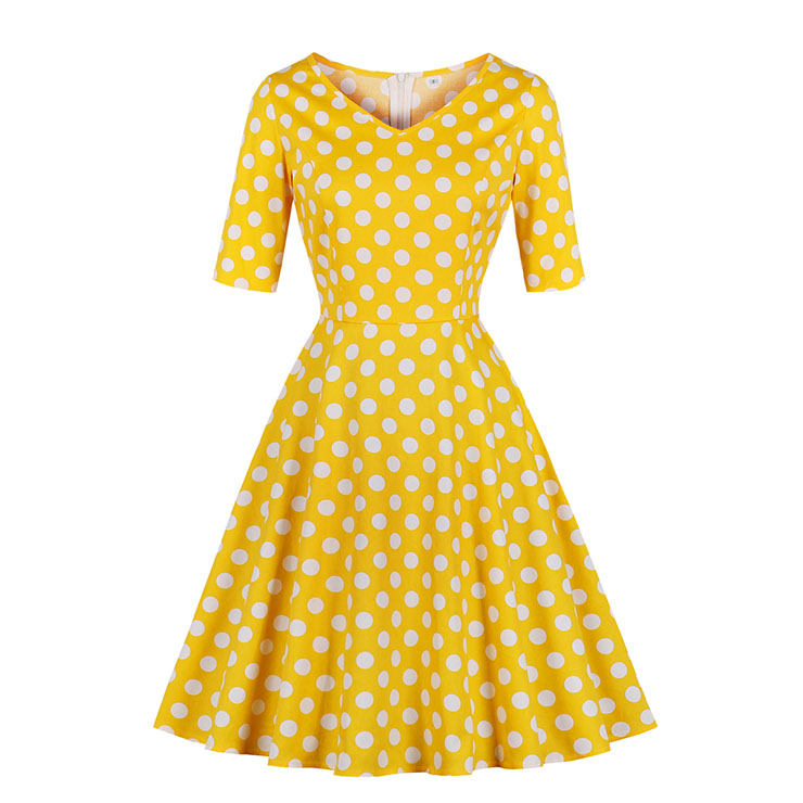 Vintage V Neck Elbow Sleeve Polka Dot Printed A-Line High Waist Dress N17932
