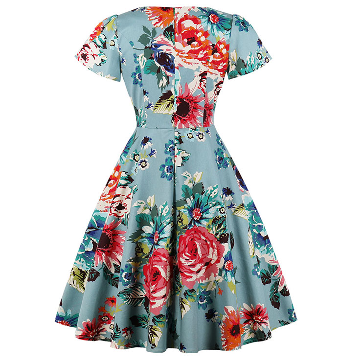 Fashion Vintage V Neck Short Sleeve Flower Printed Casual Swing Dress ...