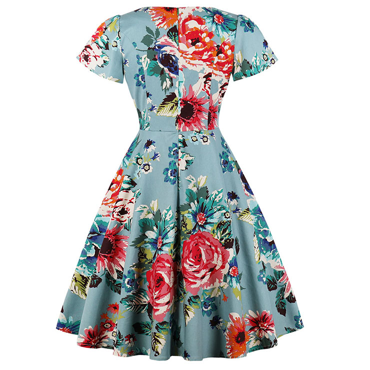 Fashion Vintage V Neck Short Sleeve Flower Printed Casual Swing Dress