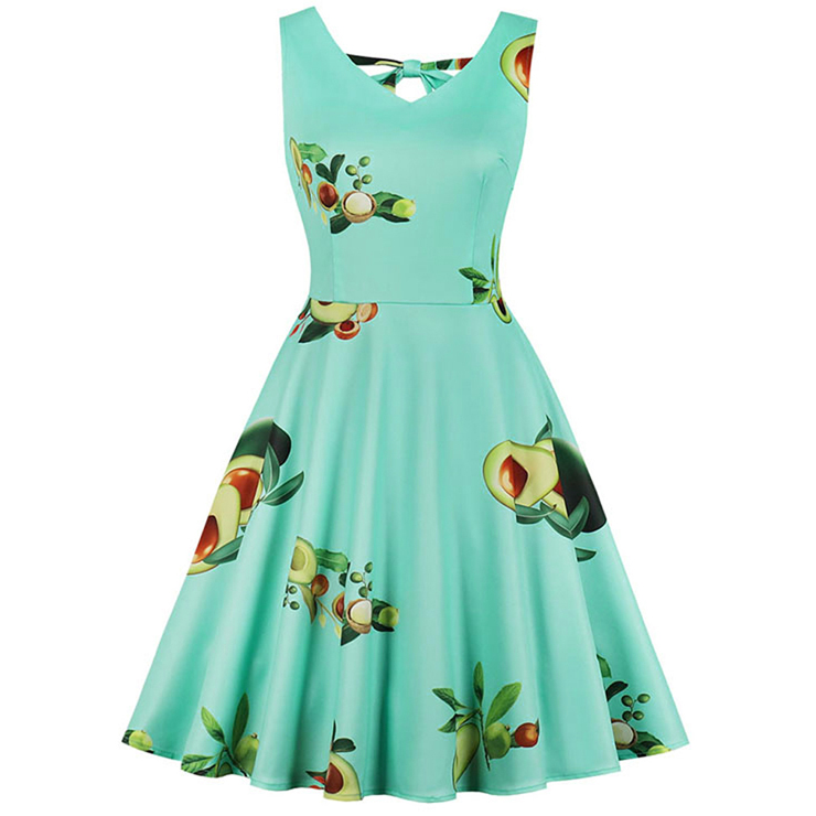 Vintage V Neck Sleeveless Avocado Printed Swing Summer Daily Dress N17601