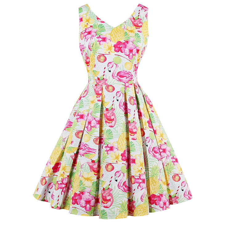 Women's Vintage V Neck Sleeveless Flamingo Print Swing Tank Dress N15421