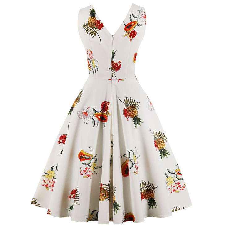 Vintage Dresses for Women, Cocktail Party Dress, Vintage Sleeveless Tank Dresses, A-line Cocktail Party Swing Dresses, Fruit Print Vintage Dress, V Neck Vintage Day Dress, #N17098