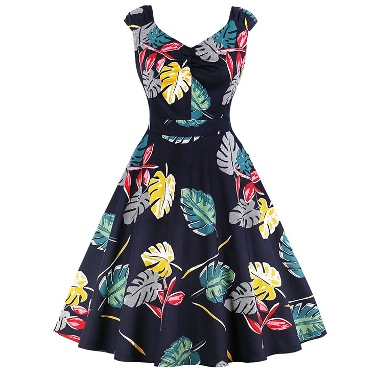 Vintage V Neck Sleeveless Pleated Leaf Printed Swing Summer Day Dress N17419