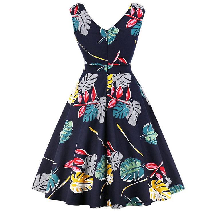 Vintage Dresses for Women, Cocktail Party Dress, Vintage Sleeveless Swing Dresses, A-line Cocktail Party Swing Dresses, Leaf Print Vintage Dress, V Neck Vintage Day Dress, #N17419