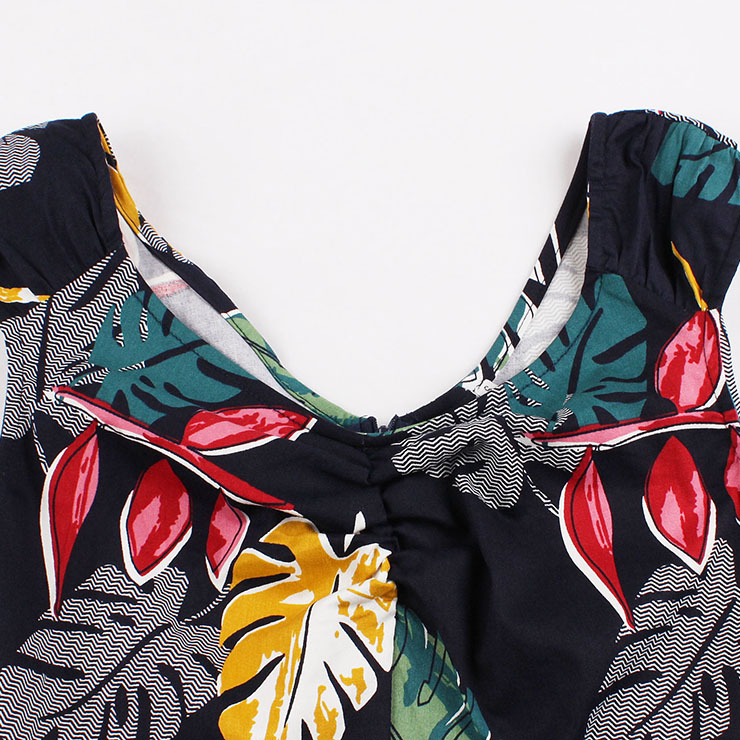 Vintage Dresses for Women, Cocktail Party Dress, Vintage Sleeveless Swing Dresses, A-line Cocktail Party Swing Dresses, Leaf Print Vintage Dress, V Neck Vintage Day Dress, #N17419