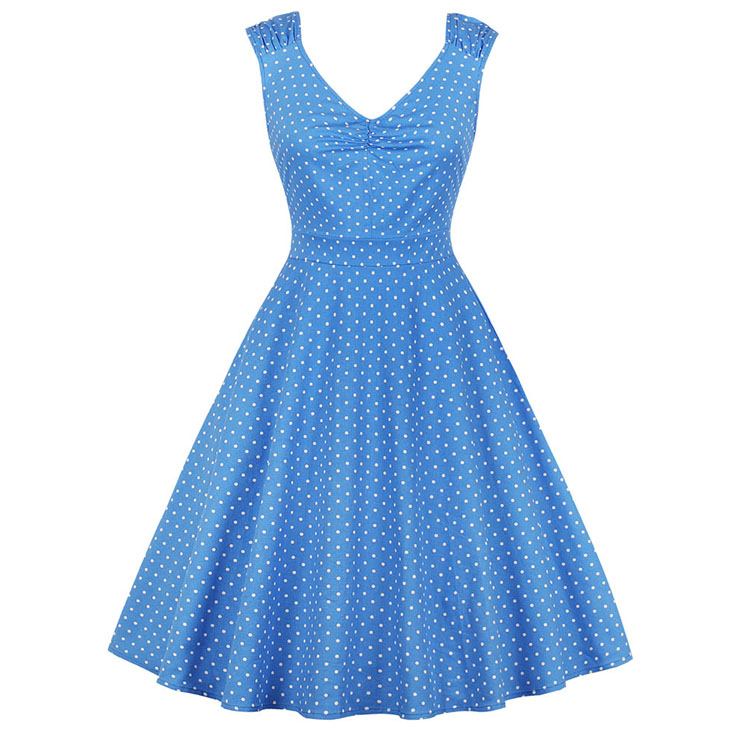 Vintage V Neck Sleeveless Pleated Polka Dot Printed Swing Summer Daily Dress N17420