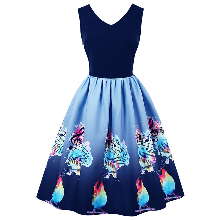 Women's Blue Vintage V Neck Sleeveless Music Theme Print Swing Tank Dress N17984