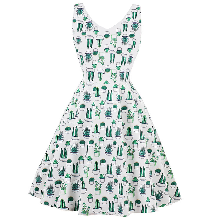 Vintage Dresses for Women, Cocktail Party Dress, Vintage Sleeveless Tank Dresses, A-line Cocktail Party Swing Dresses, Floral Print Vintage Dress, V Neck Vintage Dress, #N14988