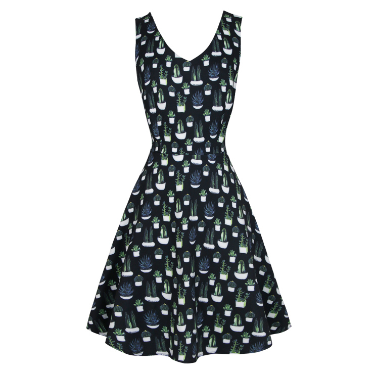 Vintage V Neck Sleeveless Plant Print Swing Cocktail Dress N17691