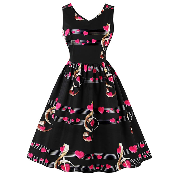 Women's Black Vintage V Neck Sleeveless Music Notes Print Swing Tank Dress N15787