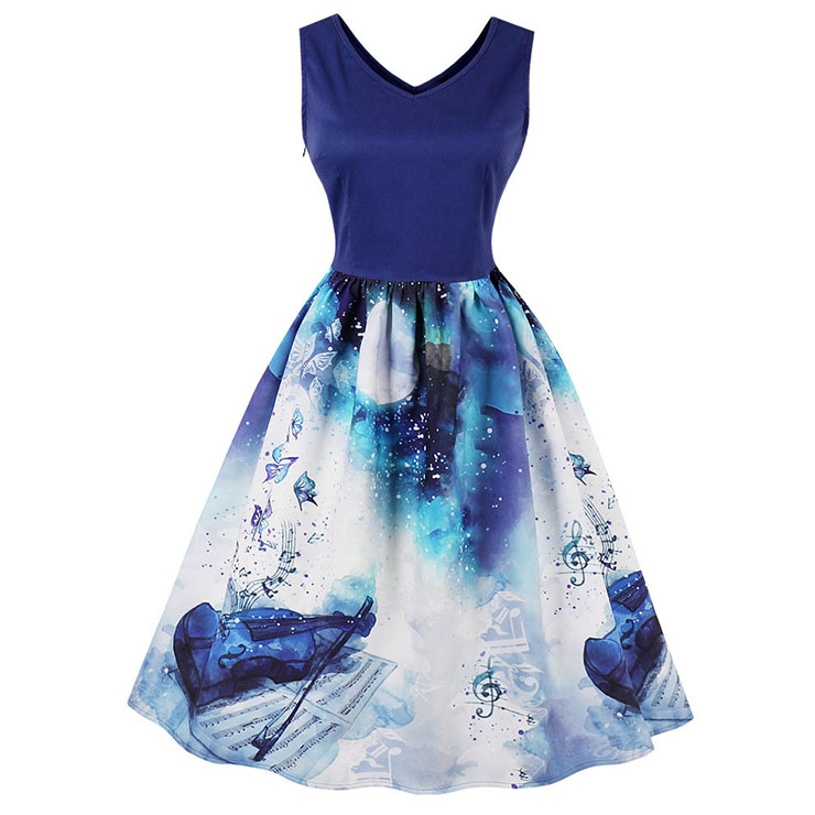 Women's Blue Vintage V Neck Sleeveless Realistic 3D Digital Print Swing Tank Dress N15788