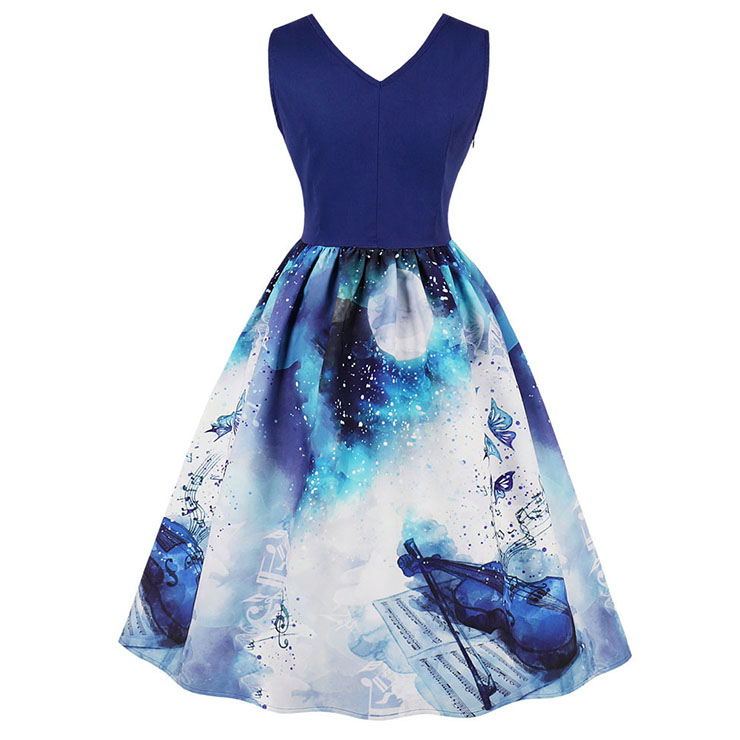 Vintage Dresses for Women, Cocktail Party Dress, Vintage Sleeveless Tank Dresses, A-line Cocktail Party Swing Dresses, 3D Digital Print Vintage Dress, V Neck Vintage Dress, #N15788