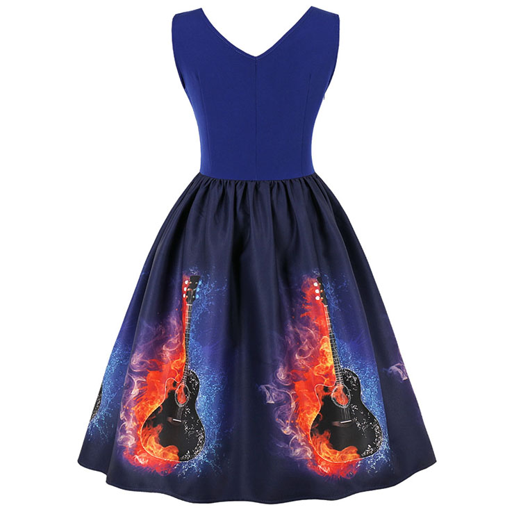 Vintage Dresses for Women, Cocktail Party Dress, Vintage Sleeveless Tank Dresses, A-line Cocktail Party Swing Dresses, 3D Music Instrument Print Vintage Dress, V Neck Vintage Dress, #N15912