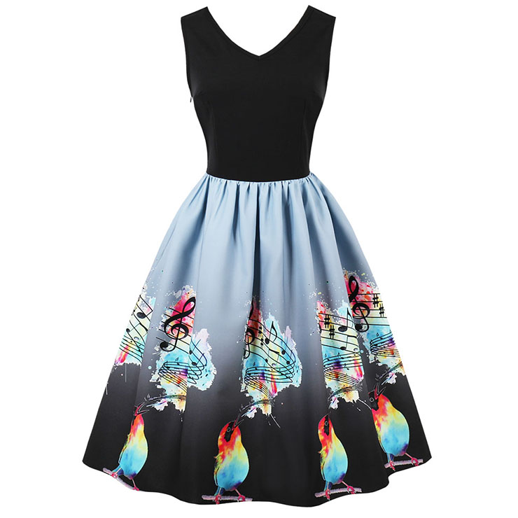 Women's Black Vintage V Neck Sleeveless Music Theme Print Swing Tank Dress N15913