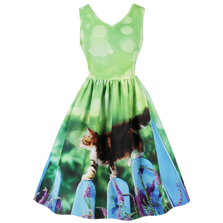 Women's Green Vintage V Neck Sleeveless 3D Digital Cat Print Swing Tank Dress N15988