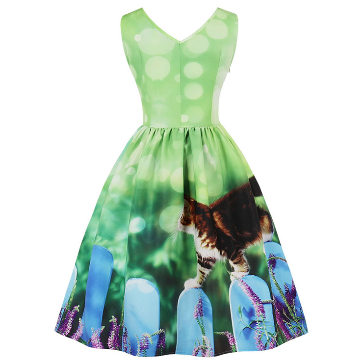 1950s Vintage Tank Dresses, Vintage Dresses for Women, Cocktail Party Dress, Vintage Sleeveless Tank Dresses, A-line Cocktail Party Swing Dresses, 3D Digital Cat Print Vintage Dress, V Neck Vintage Swing Dress, #N15988