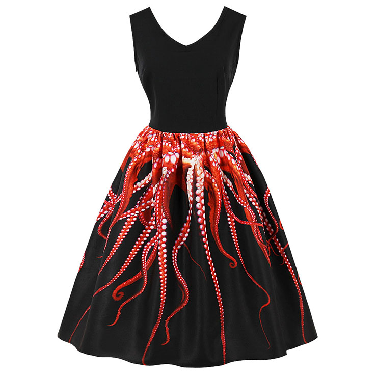 Women's Black Vintage V Neck Sleeveless 3D Digital Octopus Print Swing Tank Dress N15993