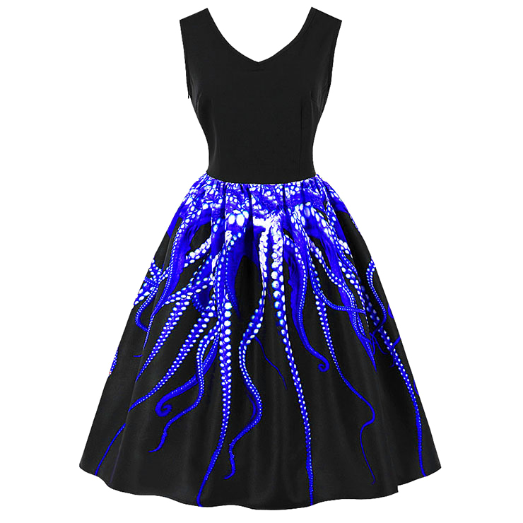 1950's Vintage V Neck Sleeveless Royalblue 3D Digital Octopus Print Swing Tank Dress N16486