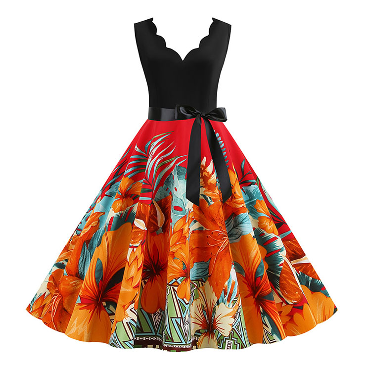 Vintage V Neck Floral Print Splice Sleeveless High Waist Belted Party ...