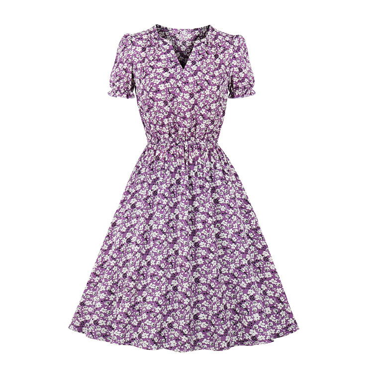 Retro Floral Print V Neckline Puff Sleeve High Waist Rockabilly Daily Swing Dress N22111