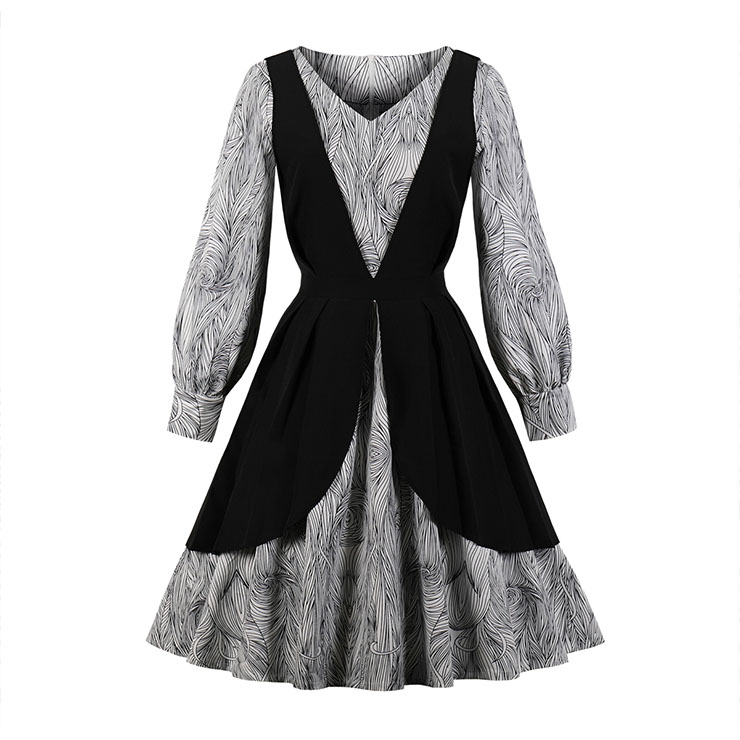 Vintage Fake Two Pieces V Neckline Wood Grain Printed Puff Sleeves High Waist Dress N18217