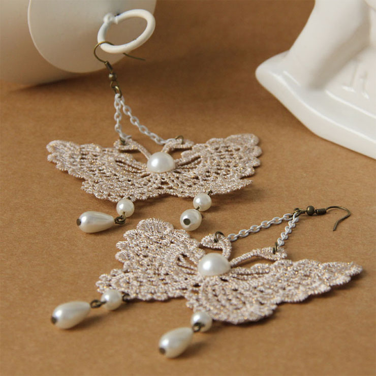 Vintage Elegant White Butterfly Floral Lace with White Bead Drop