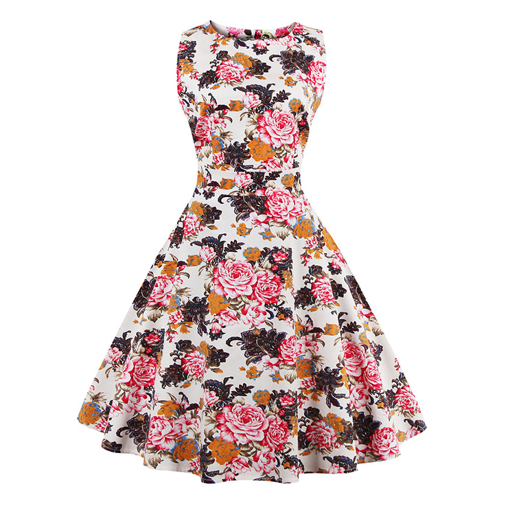 1950's Vintage Floral Print Sleeveless Casual Cocktail Party Swing Dress N11523